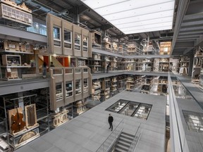 A general view of the three-storey central Collections Hall inside the new V&A East Storehouse in London.